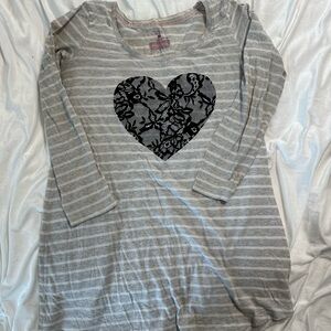 Victoria's Secret Gray Striped Long Sleeve pajama dress with Lace Heart